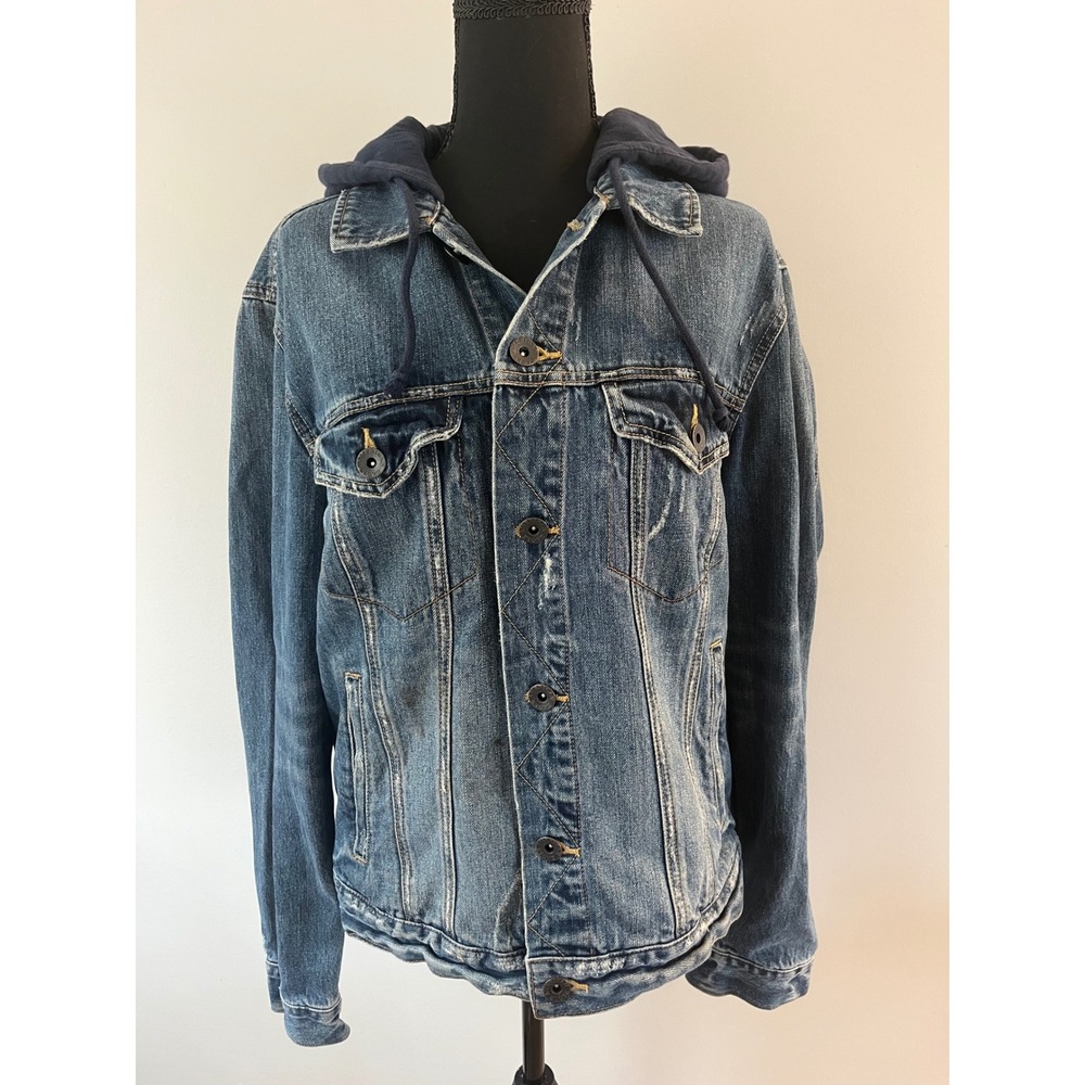 American‎ Eagle Hooded Denim Jacket Mens M | 2011 Y2K Distressed Streetwear